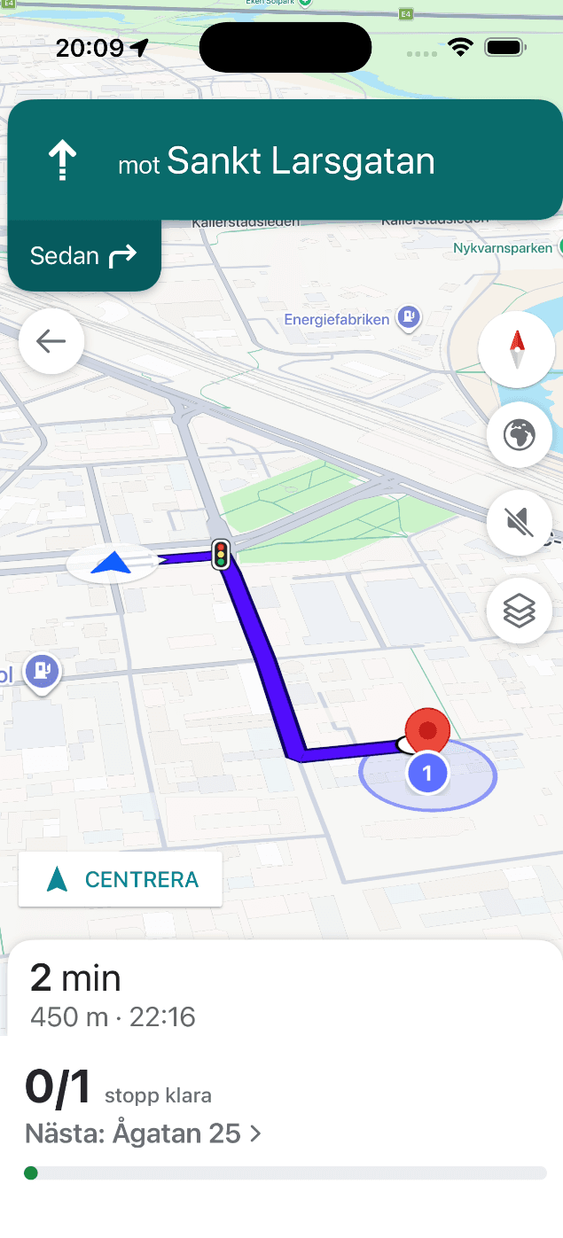 Et udkald i SnowManager-appen med rutekort, stop og navigation
