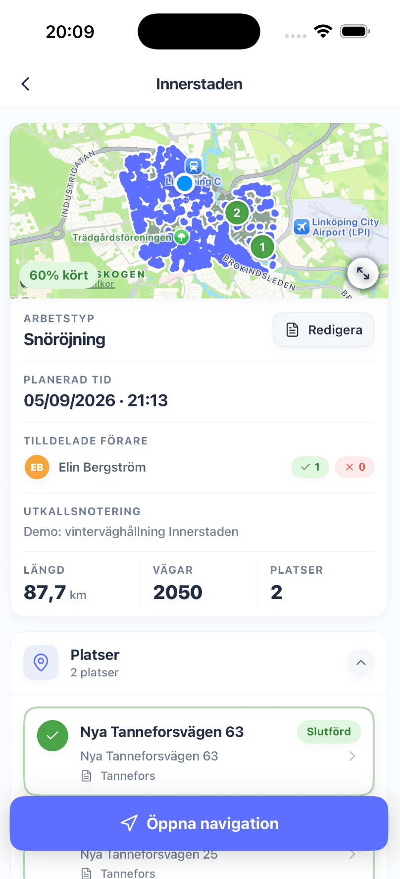 En vejrute åbnet i SnowManager-appen med det malede vejnet, længde og antal veje